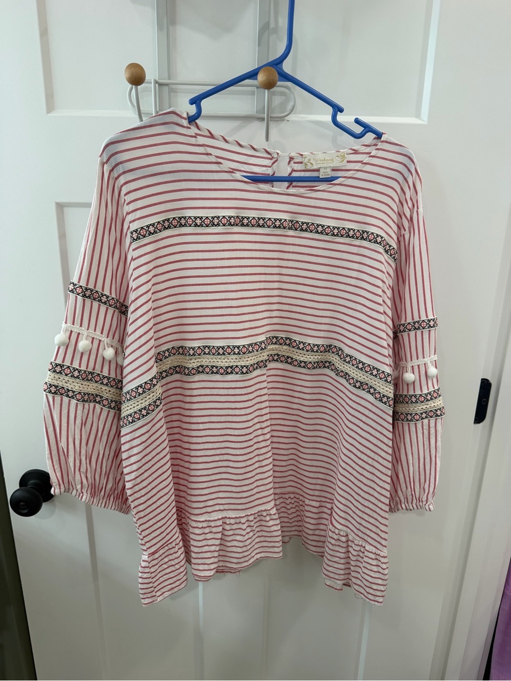 Weekend Suzanne Betro Pink and White Striped Pom-Pom Peasant Tunic